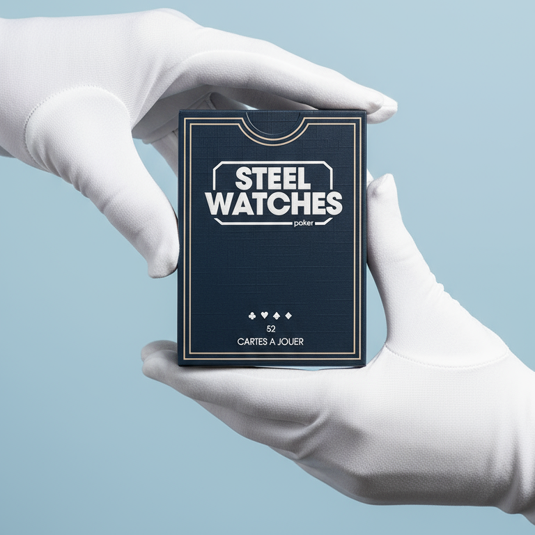 Gloved hands presenting the Steel Watches tuck box