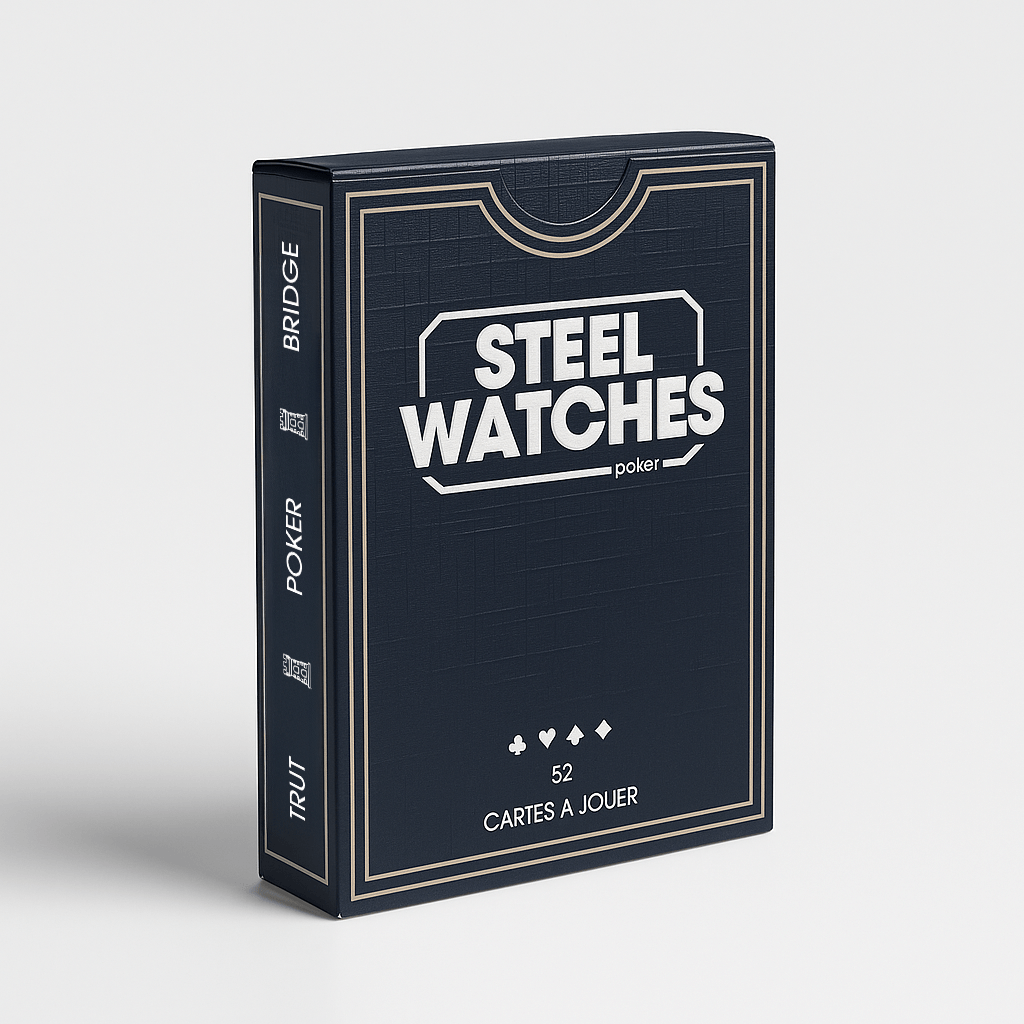 Photo studio des cartes de poker Steel watches inspirées par l'horlogerie.